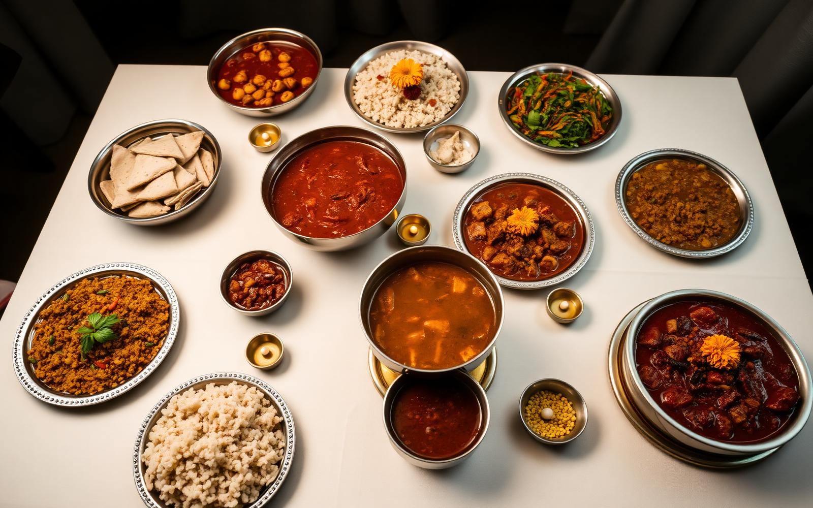 A warm catering spread of homemade Indian dishes on a cream table