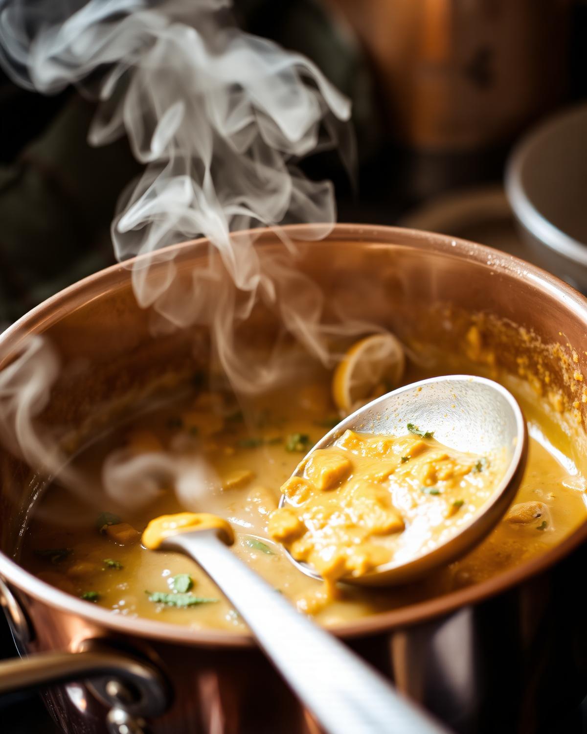 Steam rising from a copper pot