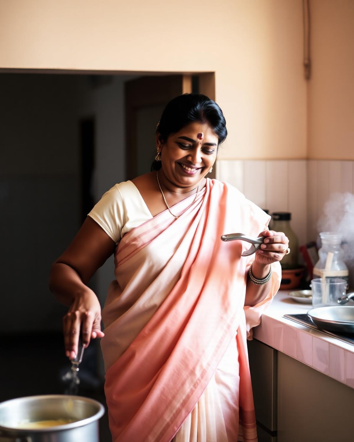 The mother behind Mom's Kitchen, gently smiling in her kitchen